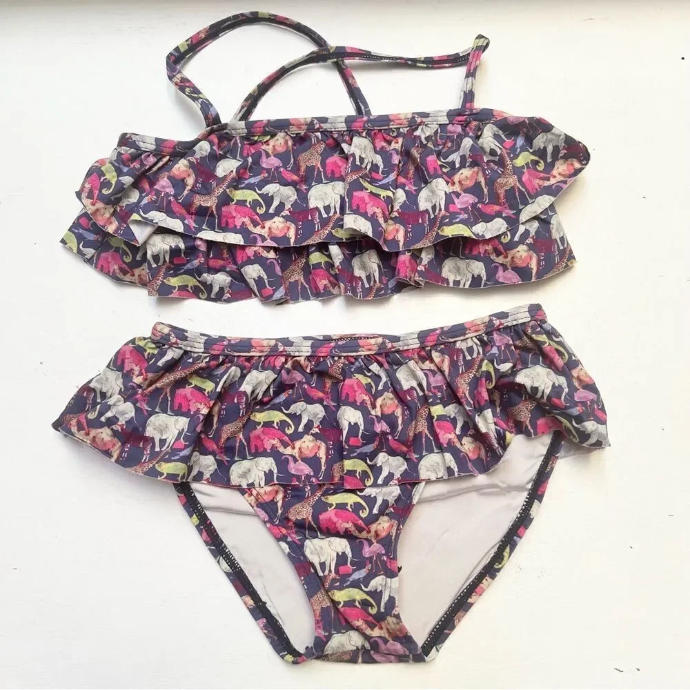 Janie and Jack Animal Print Two Piece Ruffle Bikini Top and Bottom Girls 5 EUC